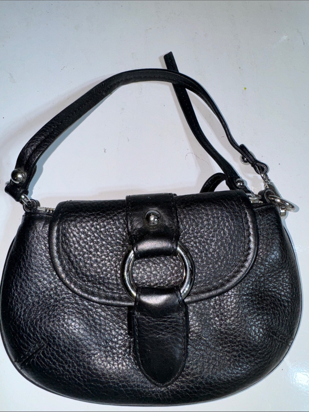 Black Pebbled Leather Ring-Accent Shoulder Bag